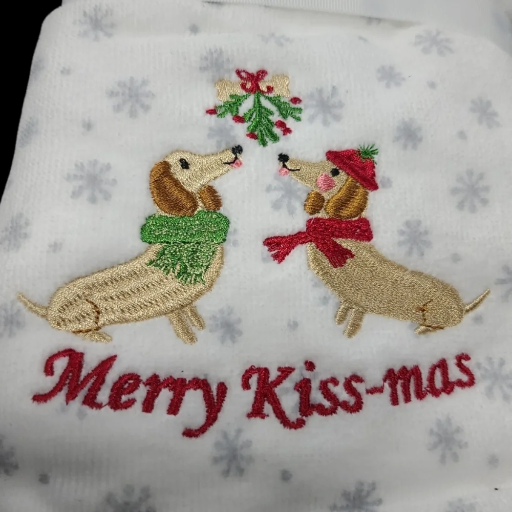 x2 Dachshund Dog Embroidered Doxie Merry Kiss-mas Christmas Hand Towel Set